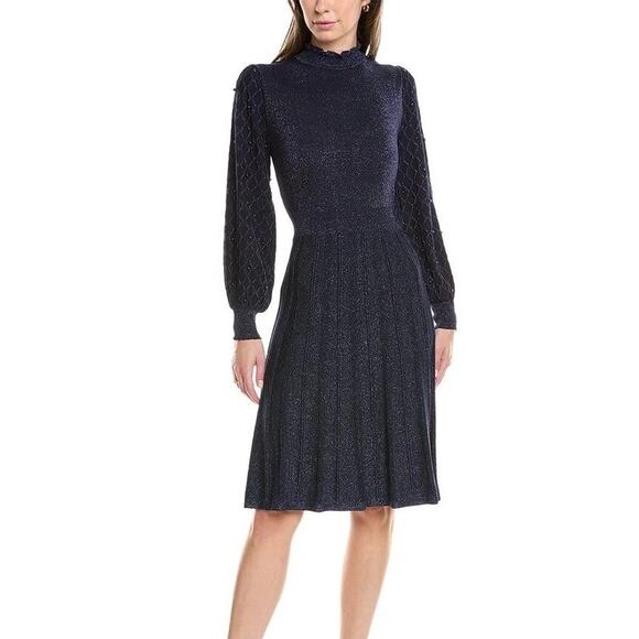 NANETTE LEPORE Navy Metallic Knit Dress Long Sleeve Pearl Party Cocktail NWT XL - Picture 1 of 9